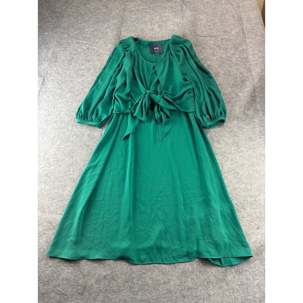 Maeve Anthropologie Green Tie Front Puff Sleeve Midi‎ Dress Womens 2 Preppy SEE